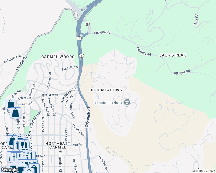 map of restaurants, bars, coffee shops, grocery stores, and more near 3600 High Meadow Drive in Carmel-by-the-Sea