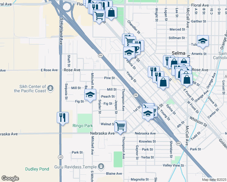 map of restaurants, bars, coffee shops, grocery stores, and more near 2598 Mill Street in Selma