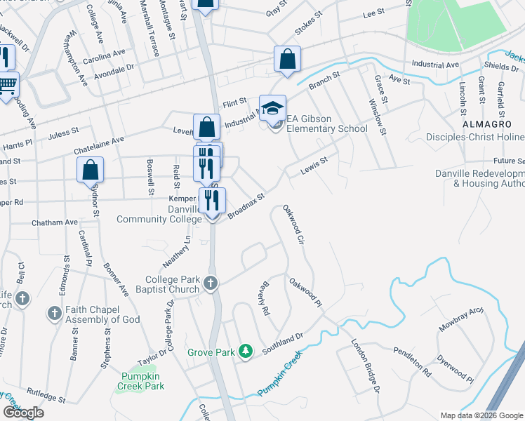 map of restaurants, bars, coffee shops, grocery stores, and more near 224 Broadnax Street in Danville