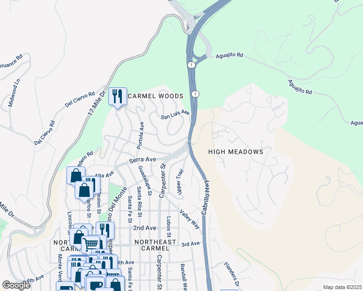 map of restaurants, bars, coffee shops, grocery stores, and more near 3391 Carpenter Street in Carmel-by-the-Sea