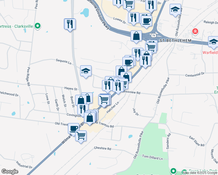 map of restaurants, bars, coffee shops, grocery stores, and more near 115 Fairview Lane in Clarksville