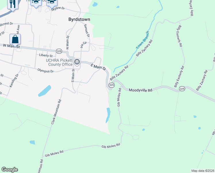 map of restaurants, bars, coffee shops, grocery stores, and more near 1398 East Main Street in Byrdstown