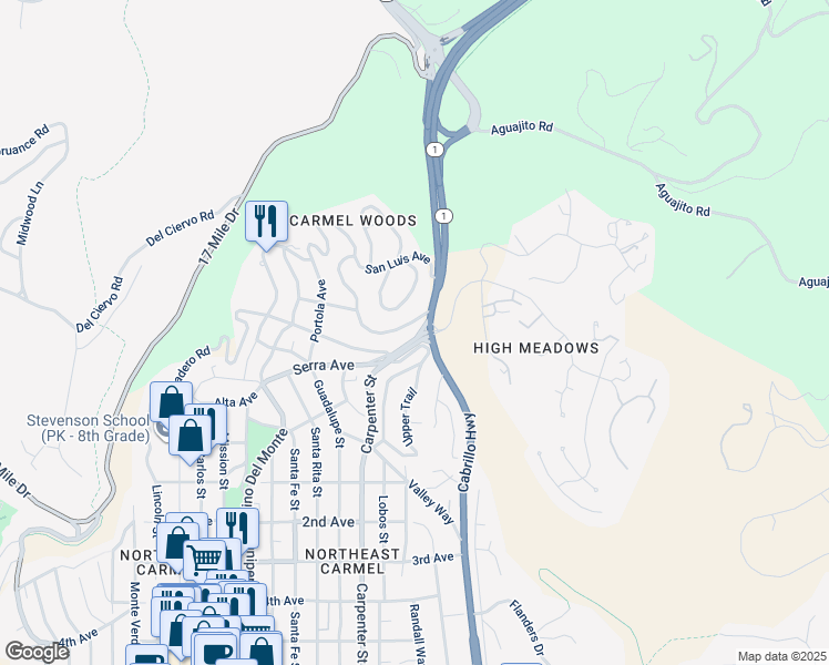 map of restaurants, bars, coffee shops, grocery stores, and more near 3391 Carpenter Street in Carmel-by-the-Sea