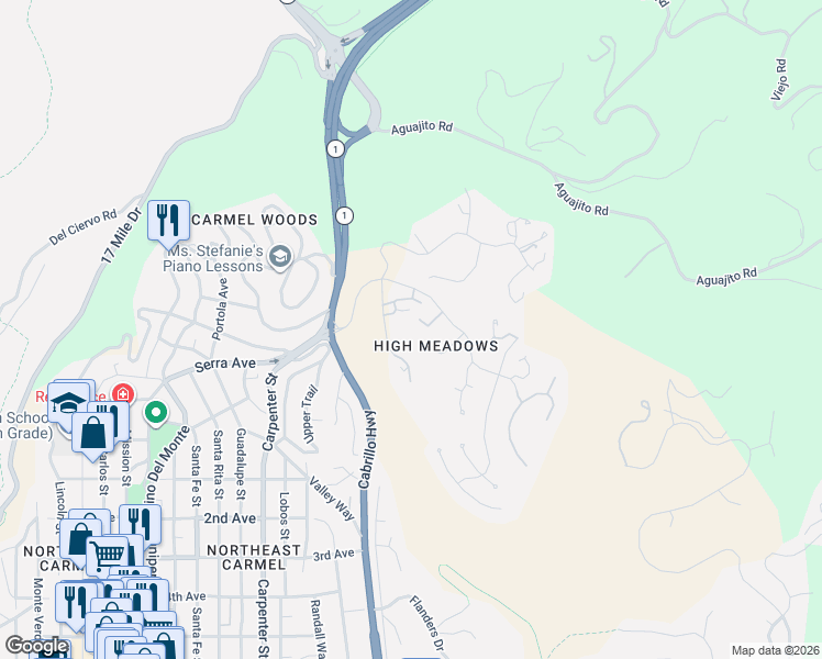 map of restaurants, bars, coffee shops, grocery stores, and more near High Meadows Lane in Monterey County