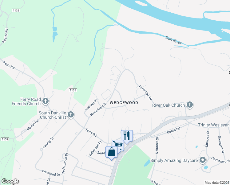 map of restaurants, bars, coffee shops, grocery stores, and more near 362 Hermitage Drive in Danville
