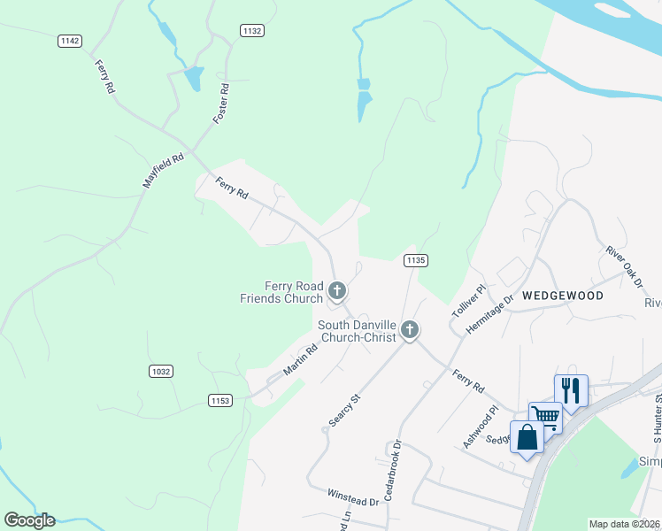 map of restaurants, bars, coffee shops, grocery stores, and more near 890 Ferry Road in Danville