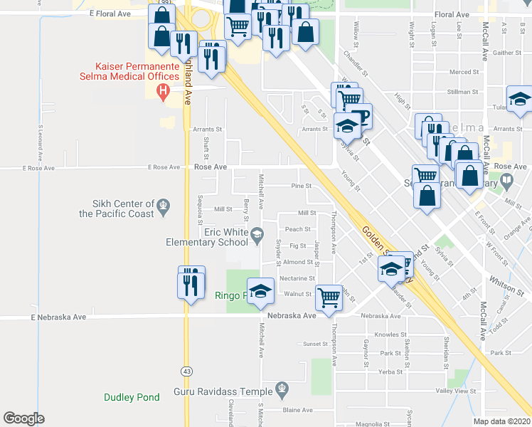 map of restaurants, bars, coffee shops, grocery stores, and more near 2274 Mitchell Avenue in Selma