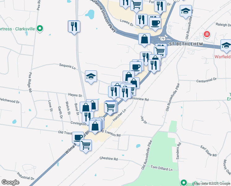 map of restaurants, bars, coffee shops, grocery stores, and more near 115 Fairview Lane in Clarksville