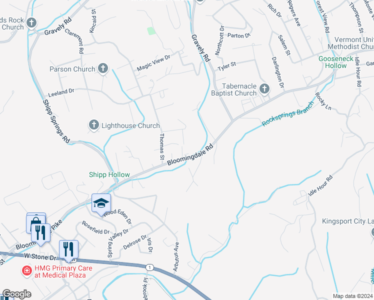 map of restaurants, bars, coffee shops, grocery stores, and more near 1232 Bloomingdale Pike in Kingsport