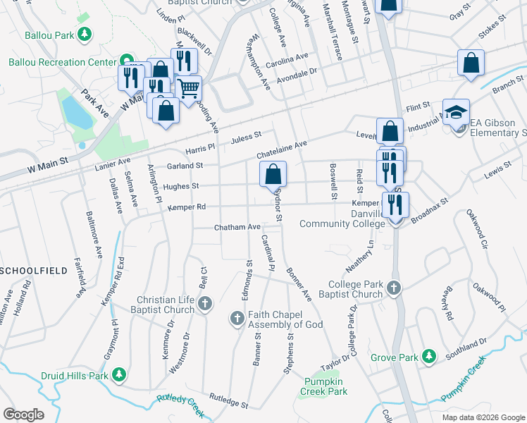 map of restaurants, bars, coffee shops, grocery stores, and more near 512 Kemper Road in Danville
