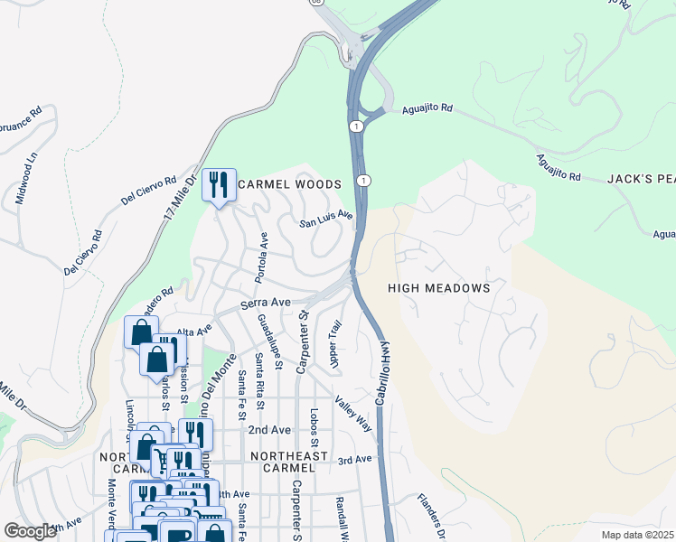 map of restaurants, bars, coffee shops, grocery stores, and more near 24520 South San Luis Avenue in Carmel-by-the-Sea
