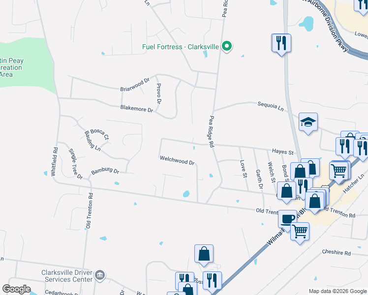 map of restaurants, bars, coffee shops, grocery stores, and more near 365 Welchwood Drive in Clarksville