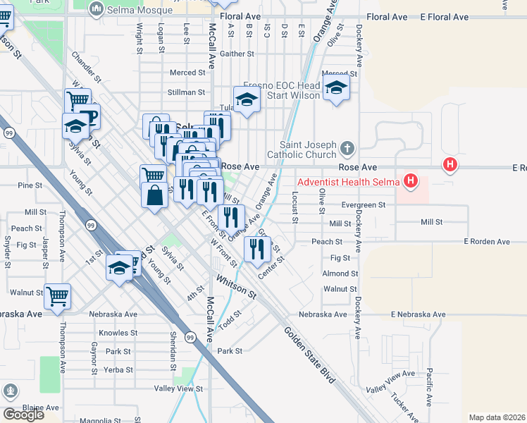 map of restaurants, bars, coffee shops, grocery stores, and more near 2214 Orange Avenue in Selma