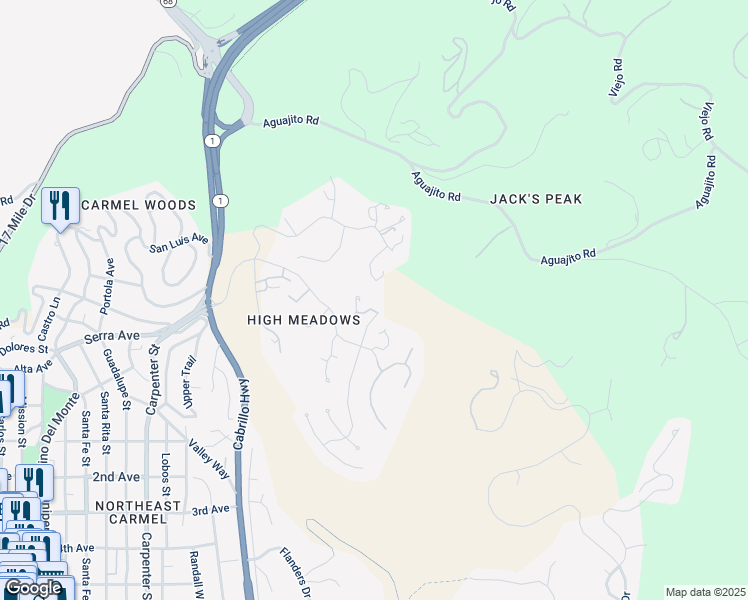 map of restaurants, bars, coffee shops, grocery stores, and more near 3920 Vía Mar Monte in Carmel-by-the-Sea