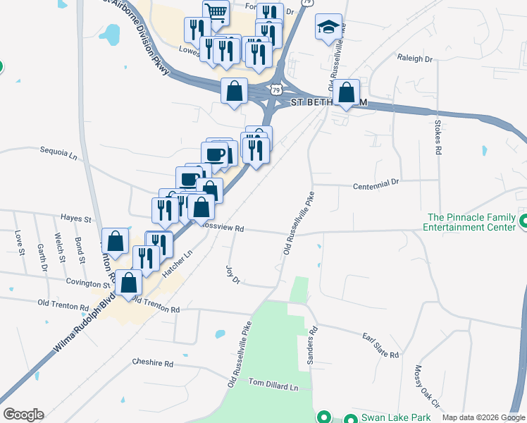 map of restaurants, bars, coffee shops, grocery stores, and more near 161 Rossview Road in Clarksville