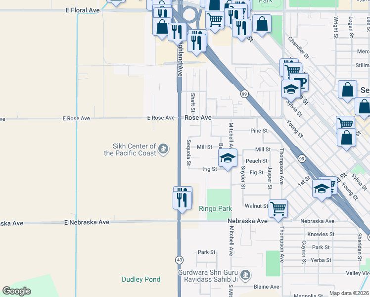 map of restaurants, bars, coffee shops, grocery stores, and more near 2822 Mill Street in Selma