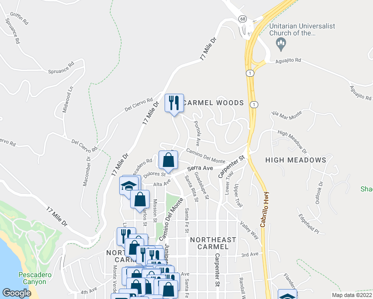 map of restaurants, bars, coffee shops, grocery stores, and more near 3105 Camino Del Monte in Carmel-by-the-Sea