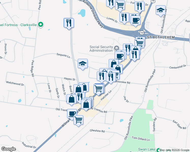map of restaurants, bars, coffee shops, grocery stores, and more near 155 Fairview Lane in Clarksville