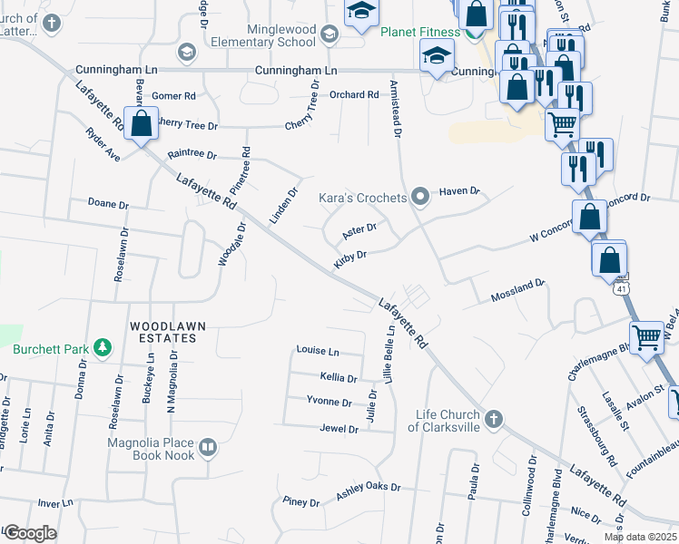 map of restaurants, bars, coffee shops, grocery stores, and more near 229 Kirby Drive in Clarksville