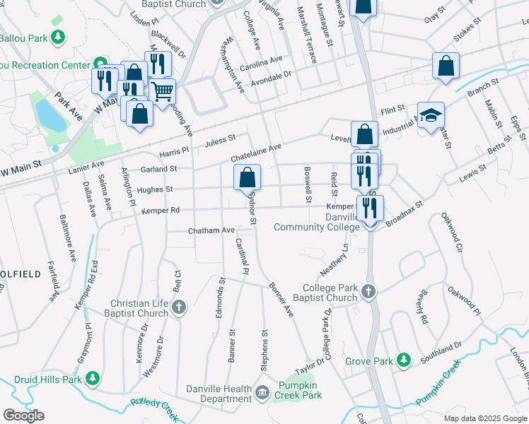 map of restaurants, bars, coffee shops, grocery stores, and more near 421 Kemper Road in Danville
