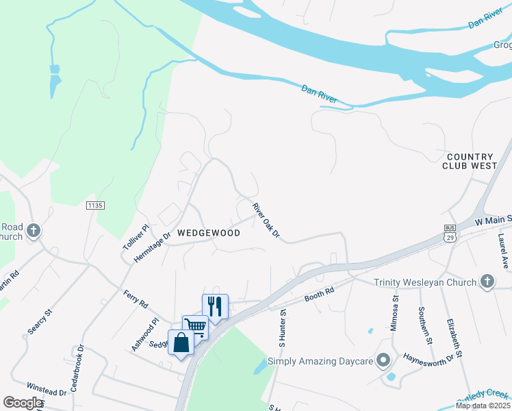 map of restaurants, bars, coffee shops, grocery stores, and more near River Oak Dr in Danville