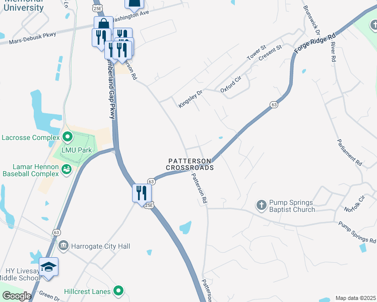 map of restaurants, bars, coffee shops, grocery stores, and more near 652 Patterson Road in Harrogate