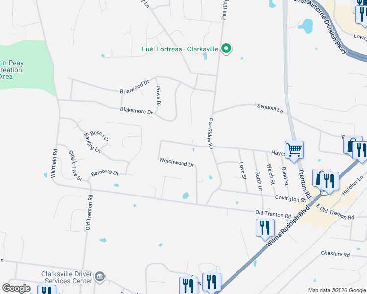map of restaurants, bars, coffee shops, grocery stores, and more near 365 Welchwood Drive in Clarksville