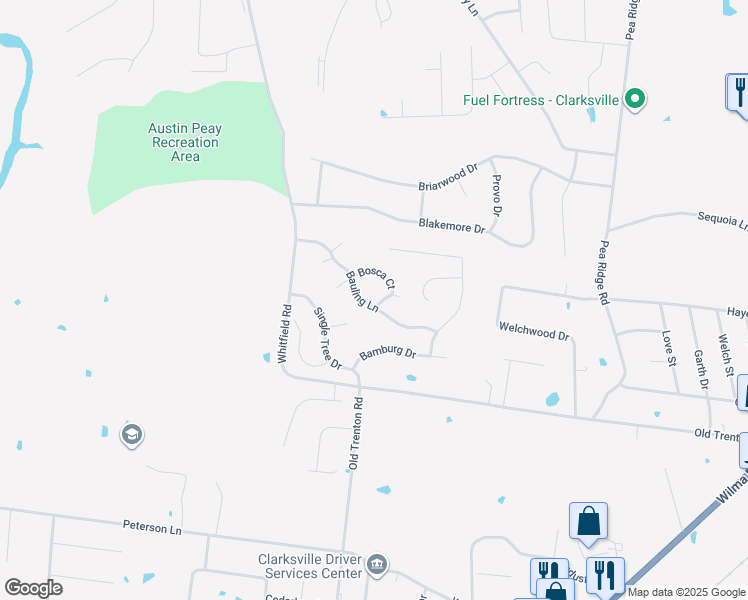 map of restaurants, bars, coffee shops, grocery stores, and more near 2161 Bauling Lane in Clarksville