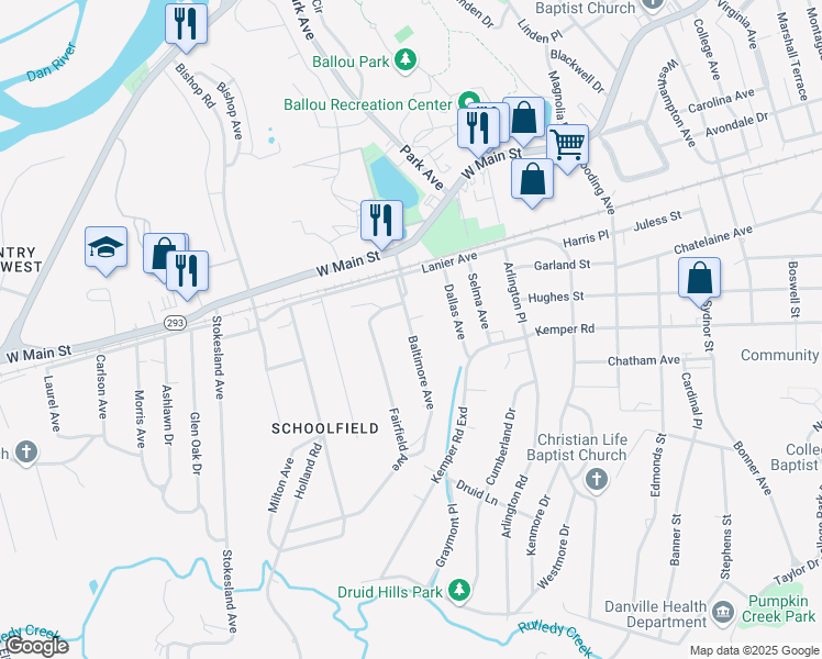 map of restaurants, bars, coffee shops, grocery stores, and more near 31 Baltimore Avenue in Danville