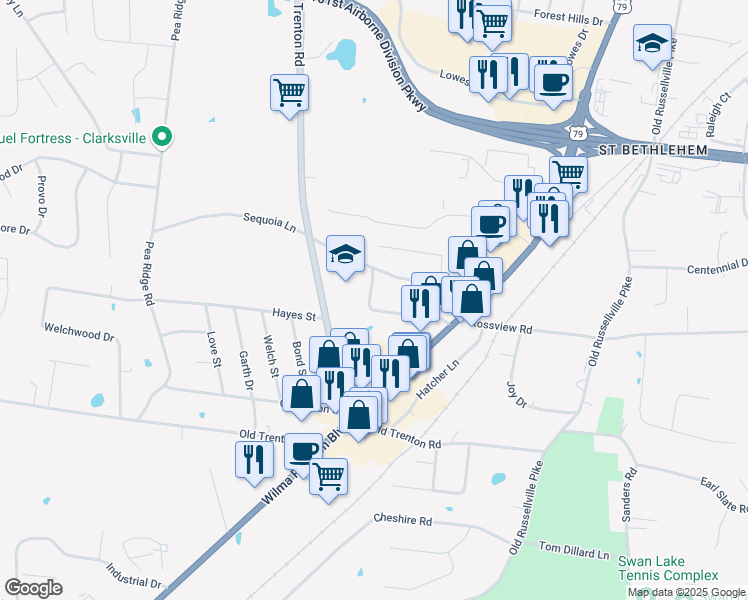 map of restaurants, bars, coffee shops, grocery stores, and more near 145 West Rossview Road in Clarksville