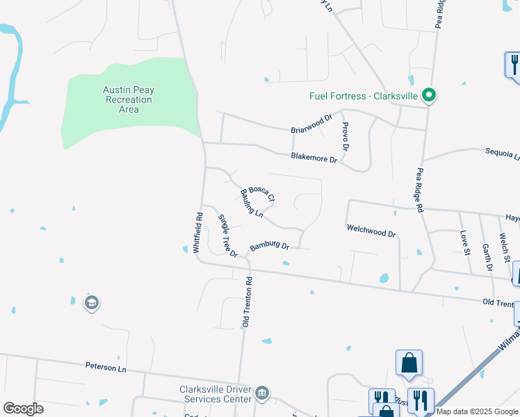 map of restaurants, bars, coffee shops, grocery stores, and more near 2161 Bauling Lane in Clarksville