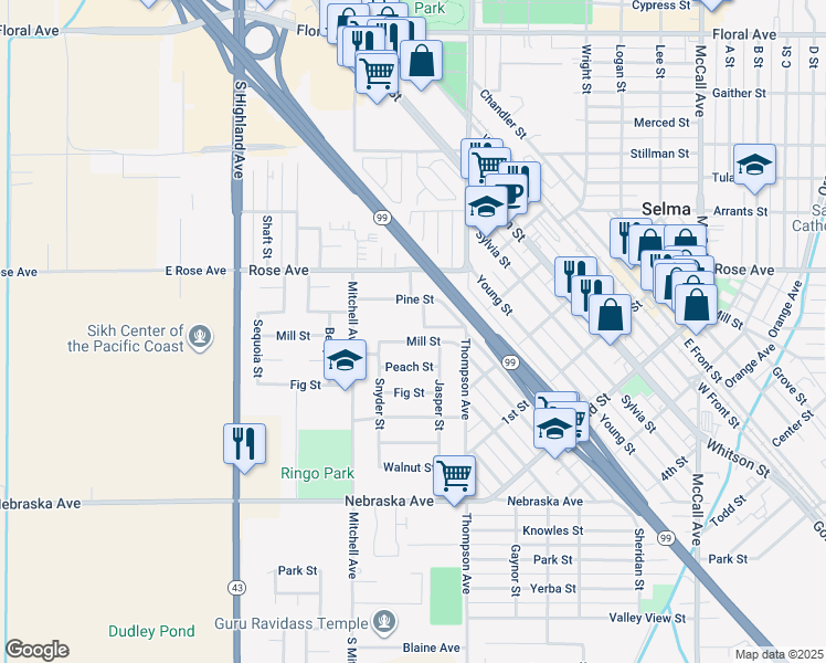 map of restaurants, bars, coffee shops, grocery stores, and more near 2598 Mill Street in Selma