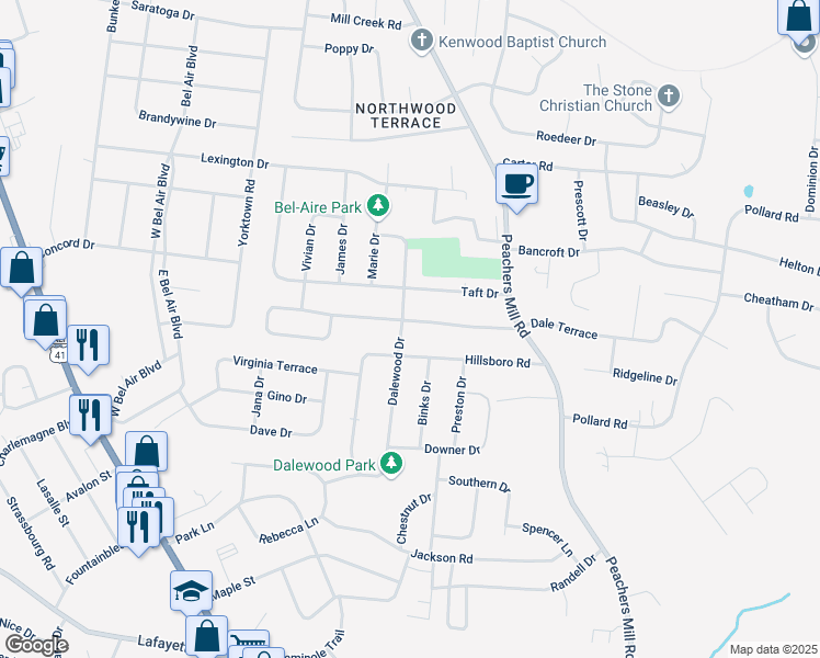 map of restaurants, bars, coffee shops, grocery stores, and more near 44 Dalewood Drive in Clarksville