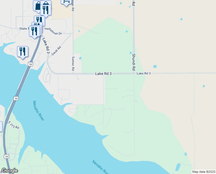 map of restaurants, bars, coffee shops, grocery stores, and more near 62830 East 312 Road in Grove