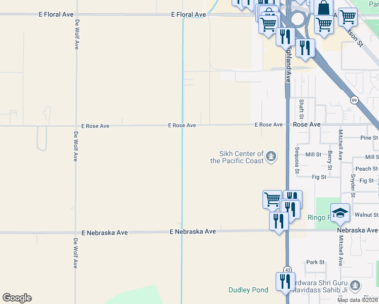 map of restaurants, bars, coffee shops, grocery stores, and more near 8497 East Rose Avenue in Selma