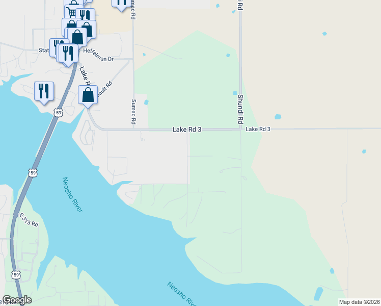 map of restaurants, bars, coffee shops, grocery stores, and more near 62830 East 312 Road in Grove