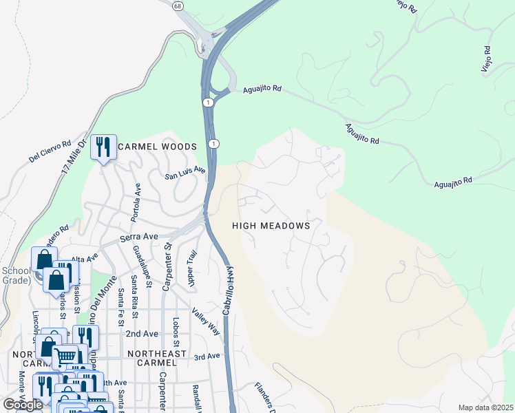 map of restaurants, bars, coffee shops, grocery stores, and more near 3600 High Meadow Drive in Carmel-by-the-Sea