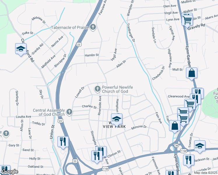 map of restaurants, bars, coffee shops, grocery stores, and more near 1325 Fairview Avenue in Kingsport