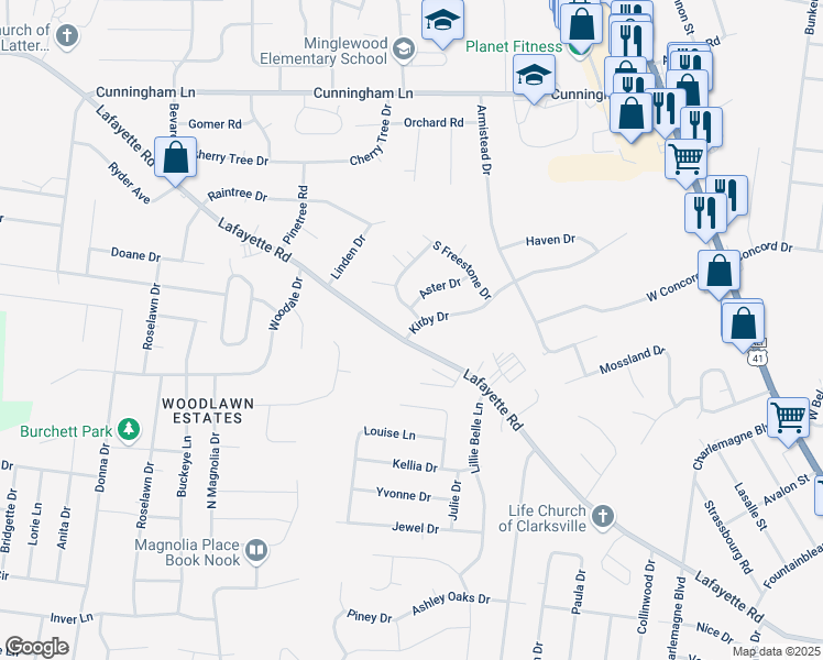 map of restaurants, bars, coffee shops, grocery stores, and more near 229 Kirby Drive in Clarksville