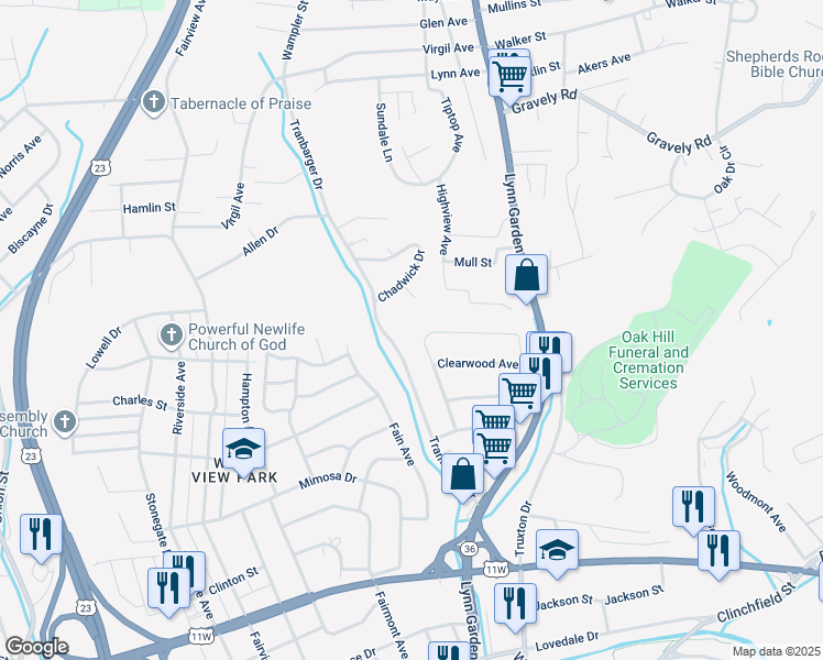 map of restaurants, bars, coffee shops, grocery stores, and more near 912 Camden Drive in Kingsport