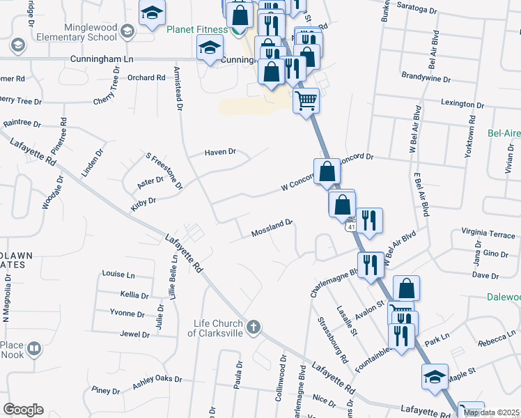 map of restaurants, bars, coffee shops, grocery stores, and more near 138 West Concord Drive in Clarksville