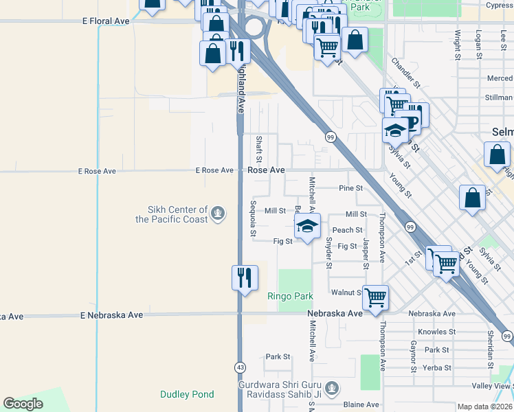 map of restaurants, bars, coffee shops, grocery stores, and more near 2822 Mill Street in Selma