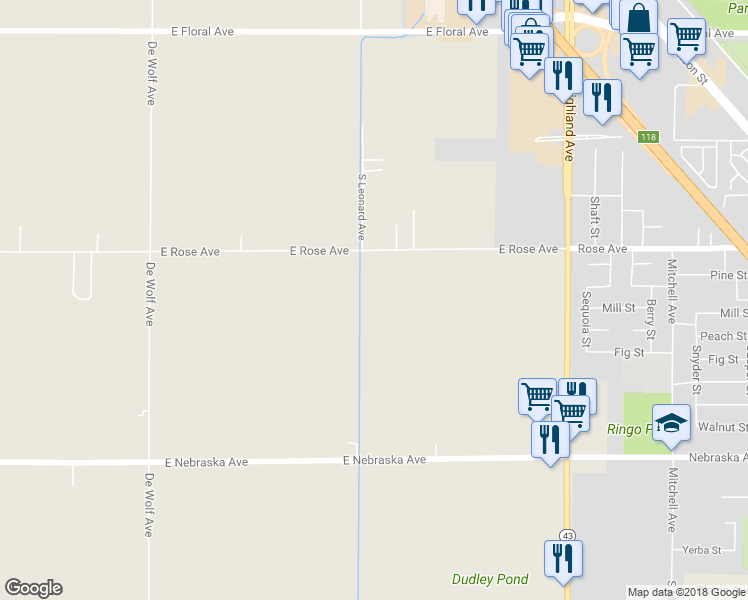 map of restaurants, bars, coffee shops, grocery stores, and more near 8497 East Rose Avenue in Selma