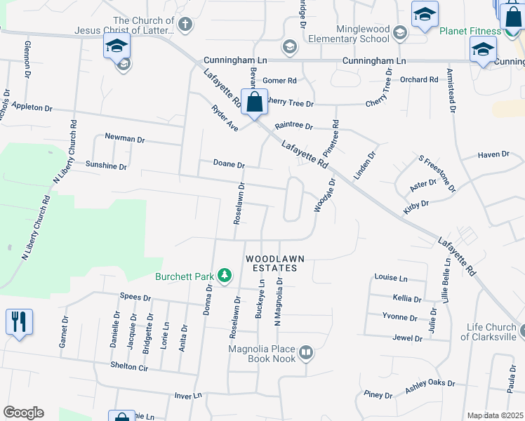 map of restaurants, bars, coffee shops, grocery stores, and more near 300 Buckeye Lane in Clarksville