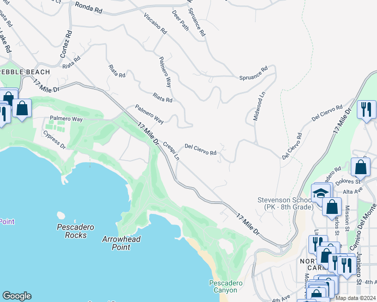 map of restaurants, bars, coffee shops, grocery stores, and more near 3197 Del Ciervo Road in Del Monte Forest
