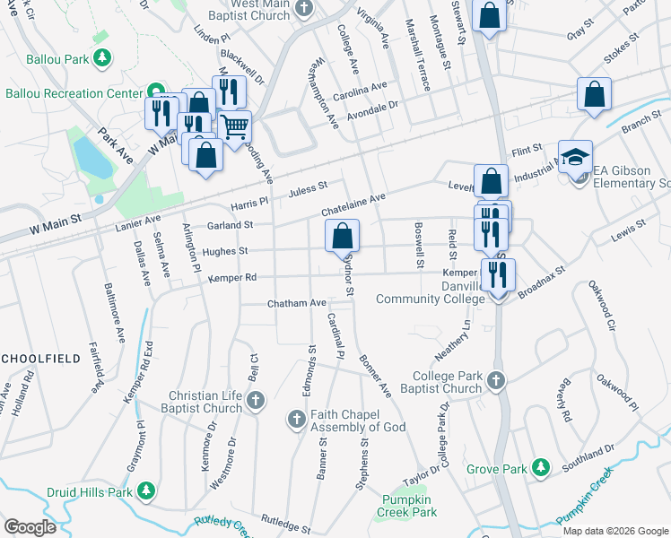 map of restaurants, bars, coffee shops, grocery stores, and more near 512 Kemper Road in Danville