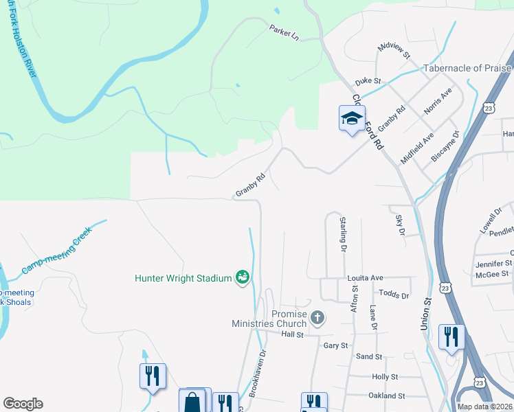 map of restaurants, bars, coffee shops, grocery stores, and more near 1545 Granby Road in Kingsport