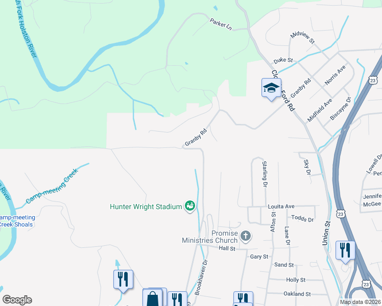 map of restaurants, bars, coffee shops, grocery stores, and more near 1545 Granby Road in Kingsport