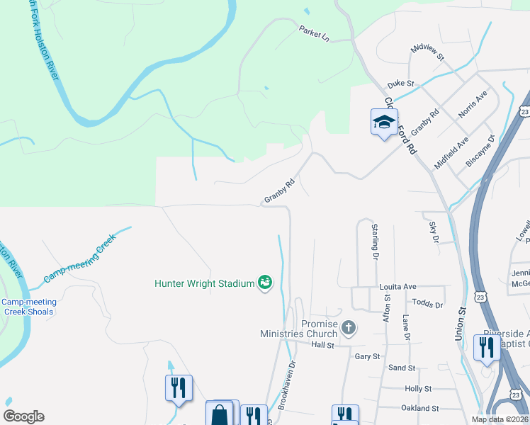 map of restaurants, bars, coffee shops, grocery stores, and more near 1545 Granby Road in Kingsport