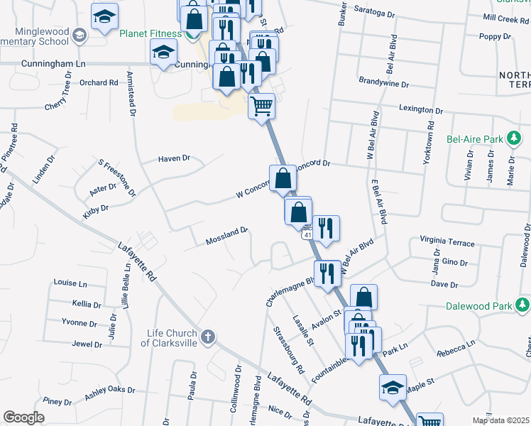 map of restaurants, bars, coffee shops, grocery stores, and more near 111 Mossland Drive in Clarksville